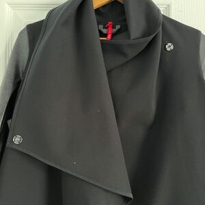 Spanx Sz XS Drape Front Convertible Jacket Ponte Faux Leather Sleeves and Trim